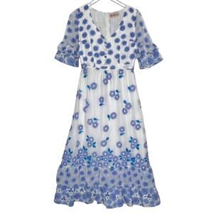 Betty Barclay S Vintage Retro Maxi Dress Ruffle Layered Blue White Floral